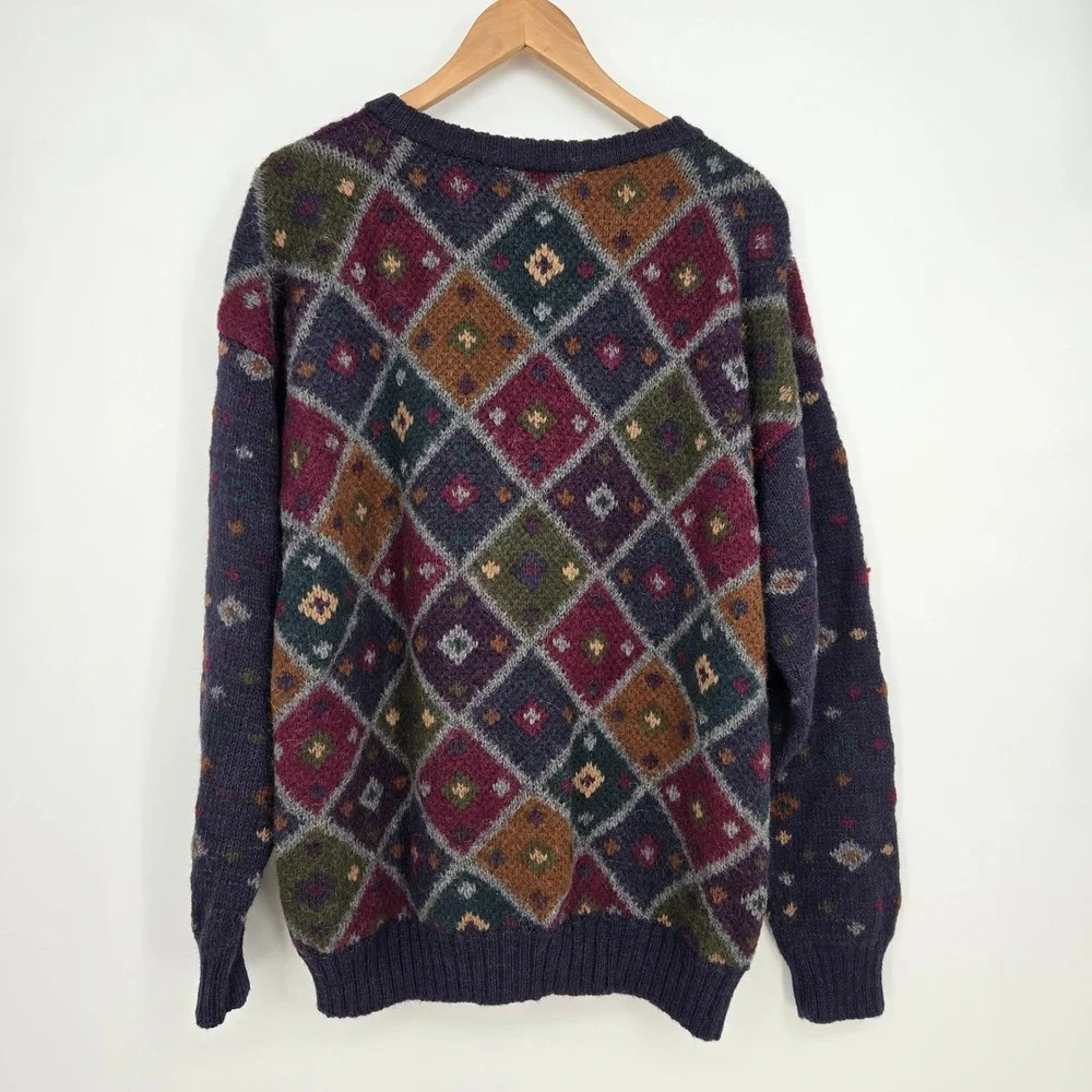 100% Alpaca Hand Knit Vintage Jewel Tone Argyle Wool Pullover Sweater Mens L EUC